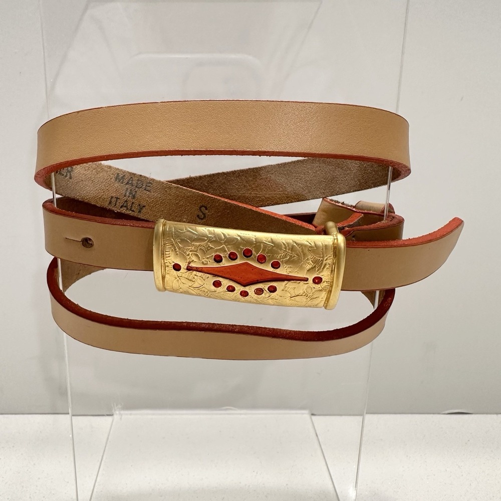 Fabio Corti Skinny Tan Leather Belt Brass Inlay Buckle Women's Sz S Italian Made
